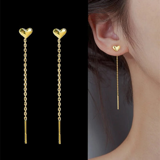 Heart Tassel Titanium Steel Long Wire Earrings