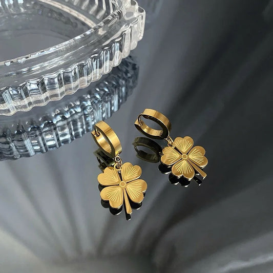 18K Gold Plated Titanium Steel Love Clover Flower Earrings