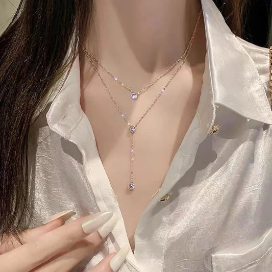 18K PVD Gold Stainless Steel Double Layer Y-Shaped Lariat Necklace with Cubic Zirconia