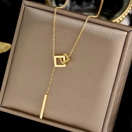 Square Interlocking Stainless Steel Geometric Pendant Necklace - Minimalist Long Strip Design for Women