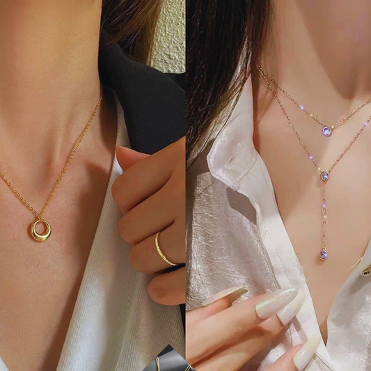 Combo Set : 18K Gold Lariat &amp; Stainless Steel Minimalist Necklace Set