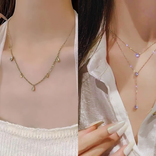 Combo Set : 18K Gold Lariat &amp; Triangle Water Drop Pendant Necklace Set