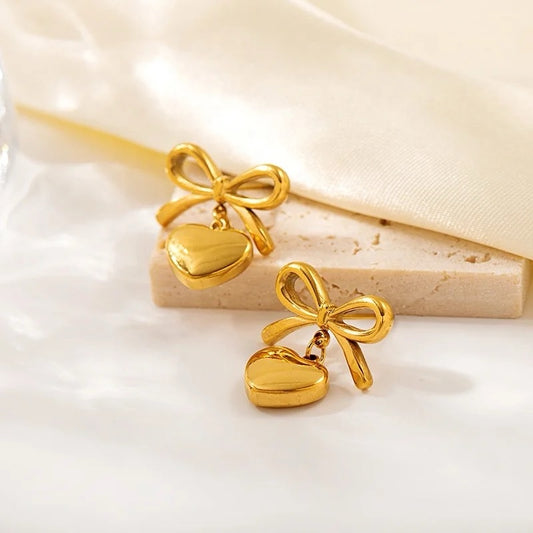 18k Gold Plated Bow Heart Drop Earrings