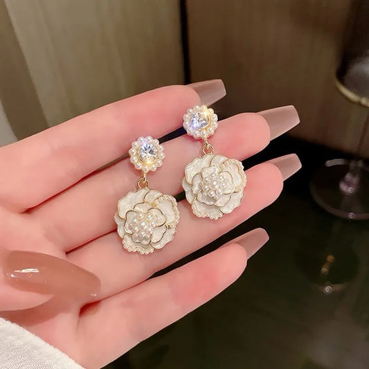 Camellia Pearl Stud Earrings - white