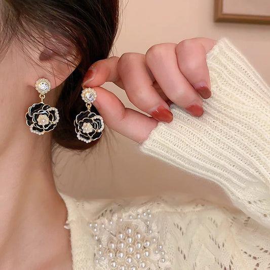 Camellia Pearl Stud Earrings - black
