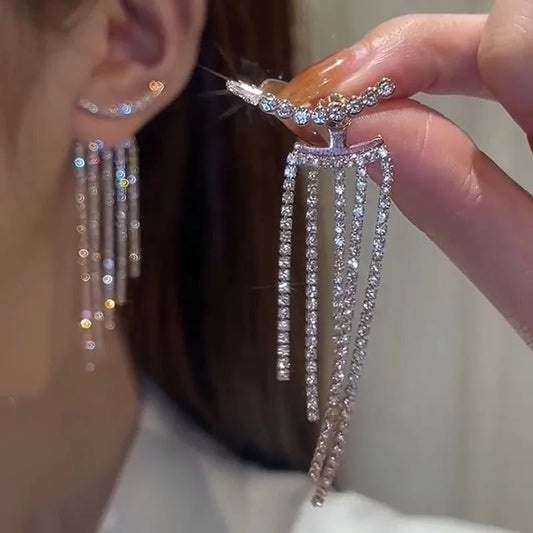 Rhinestone Tassel Long Earrings