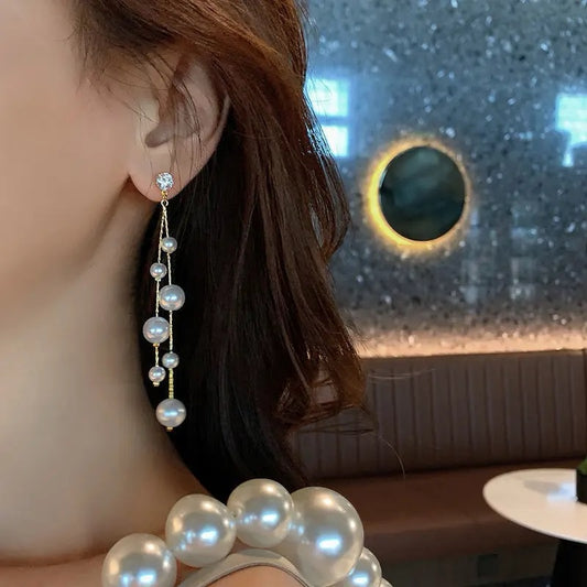 Vintage Crystal Pearl Tassel Drop Earrings