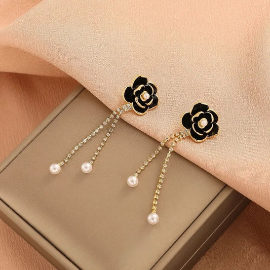 Black Flower Pearl Dangler Earrings