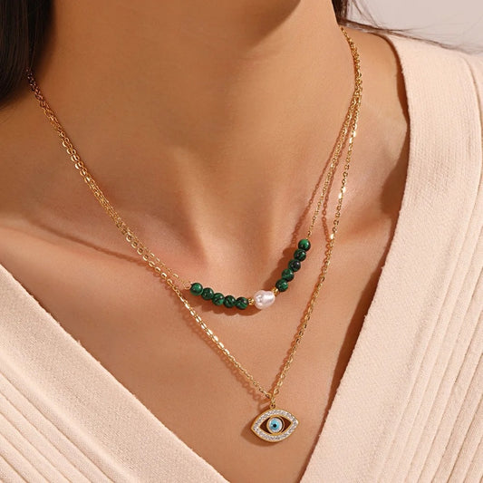 Double Layer Evil Eye Pearl Necklace