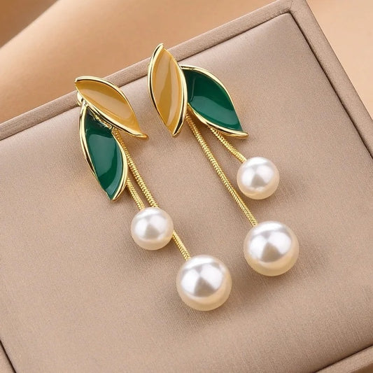 Elegant Pearl Leaf Tassel Earrings